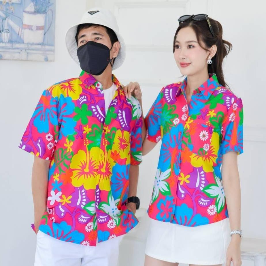 KING021เสื้อเชิ้ตลายยิ้ม  ผ้าคอตตอน100% สีไม่ตก ผ้าไม่หด ลายคมชัด มีไซส์หญิงชาย งานป้ายKTIERออกแบบเอง*1ตัว*