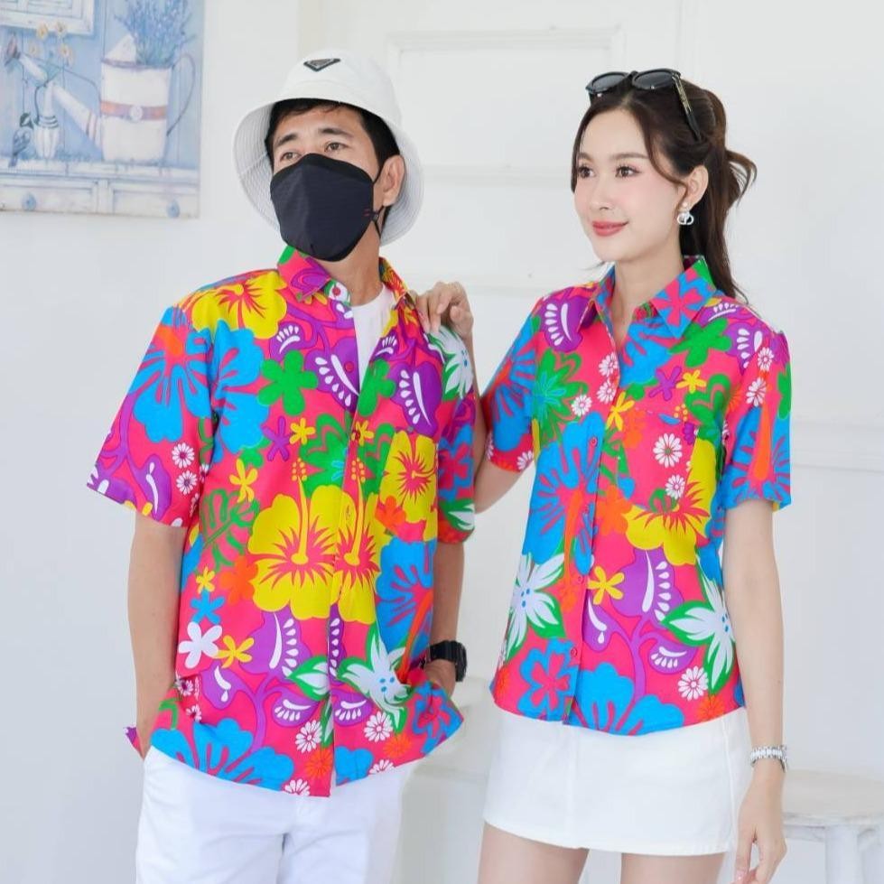 KING021เสื้อเชิ้ตลายยิ้ม  ผ้าคอตตอน100% สีไม่ตก ผ้าไม่หด ลายคมชัด มีไซส์หญิงชาย งานป้ายKTIERออกแบบเอง*1ตัว*