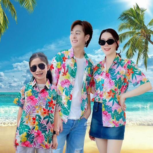 PINK3119เสื้อฮาวายลายดอก ไซส์เด็ก-ผู้ใหญ่8XL ครบทีม ผ้าโพลีพลีเมี่ยม ทรงวัยรุ่น หญิงชายใส่ได้ ลายคมชัด **1ตัว**