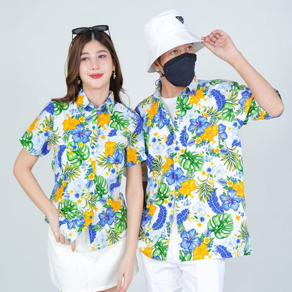 PINK028เสื้อเชิ้ตลายดอก ผ้าคอตตอน100% สีไม่ตก ผ้าไม่หดทลายคมชัด มีไซส์หญิงชาย34-56นิ้ว งานป้ายKTIER**1ตัว