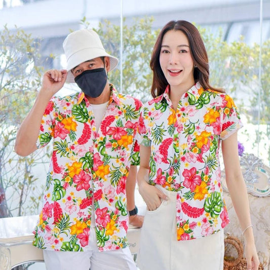PINK028เสื้อเชิ้ตลายดอก ผ้าคอตตอน100% สีไม่ตก ผ้าไม่หดทลายคมชัด มีไซส์หญิงชาย34-56นิ้ว งานป้ายKTIER**1ตัว