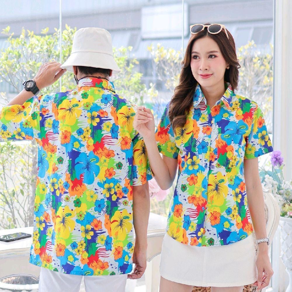 040เสื้อเชิ้ตลายดอก ผ้าคอตตอน100% สีไม่ตก ผ้าไม่หด ลายคมชัด มีไซส์หญิงชาย งานป้ายKTIERออกแบบเอง*1ตัว*