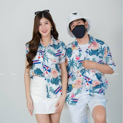 PINKเสื้อฮาวายไซส์ครบทีม มีไซส์เด็ก-ไซส์ผู้ใหญ่ ผ้าโพลีเอสเตอร์ ใส่สบาย 8883