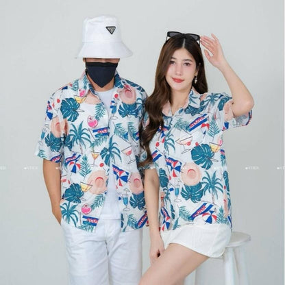 PINKเสื้อฮาวายไซส์ครบทีม มีไซส์เด็ก-ไซส์ผู้ใหญ่ ผ้าโพลีเอสเตอร์ ใส่สบาย 8883