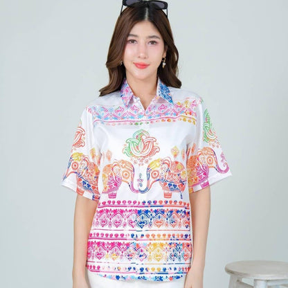 HD025  เสื้อฮาวายลายช้างพาสเทล    ทรงวัยรุ่น หญิงชายใส่ได้ ผ้าโพลีพรีเมี่ยม ไซส์เด็ก-ผู้ใหญ่ งานปัาย ลายคมชัด  **1ตัว**