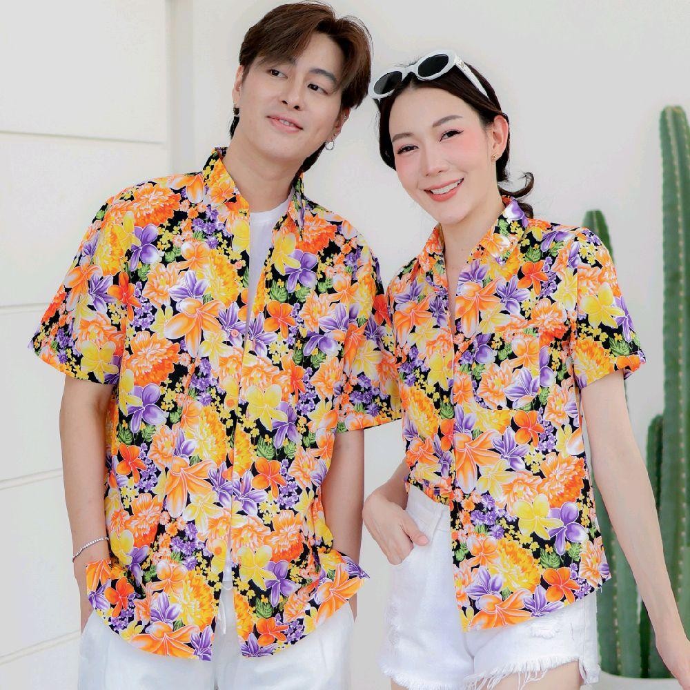PINK014เสื้อเชิ้ตลายดอก ผ้าคอตตอน100% สีไม่ตก ผ้าไม่หด ลายคมชัด มีไซส์หญิงชาย งานป้ายKTIERออกแบบเอง*1ตัว*