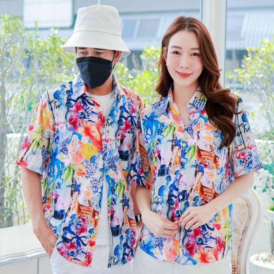 PINK08เสื้อฮาวาย ไซส์เด็ก-ผู้ใหญ่8XL ครบทีม ผ้าโพลีพลีเมี่ยม ทรงวัยรุ่น หญิงชายใส่ได้ ลายคมชัด **1ตัว**