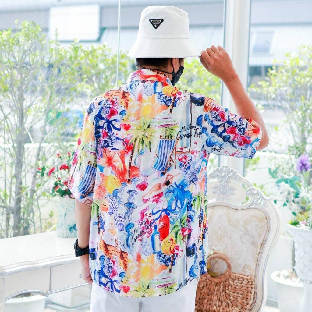PINK08เสื้อฮาวาย ไซส์เด็ก-ผู้ใหญ่8XL ครบทีม ผ้าโพลีพลีเมี่ยม ทรงวัยรุ่น หญิงชายใส่ได้ ลายคมชัด **1ตัว**