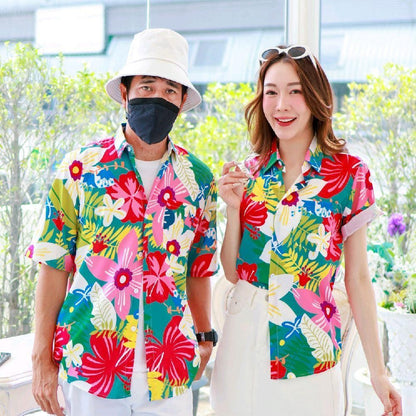 PINK03เสื้อฮาวายลายดอก ไซส์เด็ก-ผู้ใหญ่8XL ครบทีม ผ้าโพลีพลีเมี่ยม ทรงวัยรุ่น หญิงชายใส่ได้ ลายคมชัด **1ตัว**