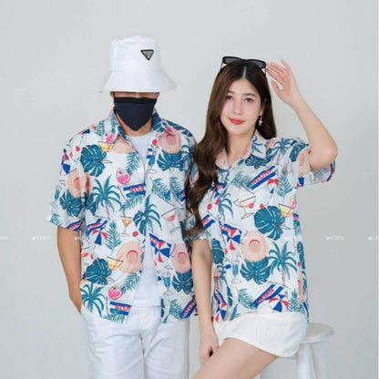 PINKเสื้อฮาวายไซส์ครบทีม มีไซส์เด็ก-ไซส์ผู้ใหญ่ ผ้าโพลีเอสเตอร์ ใส่สบาย 8883