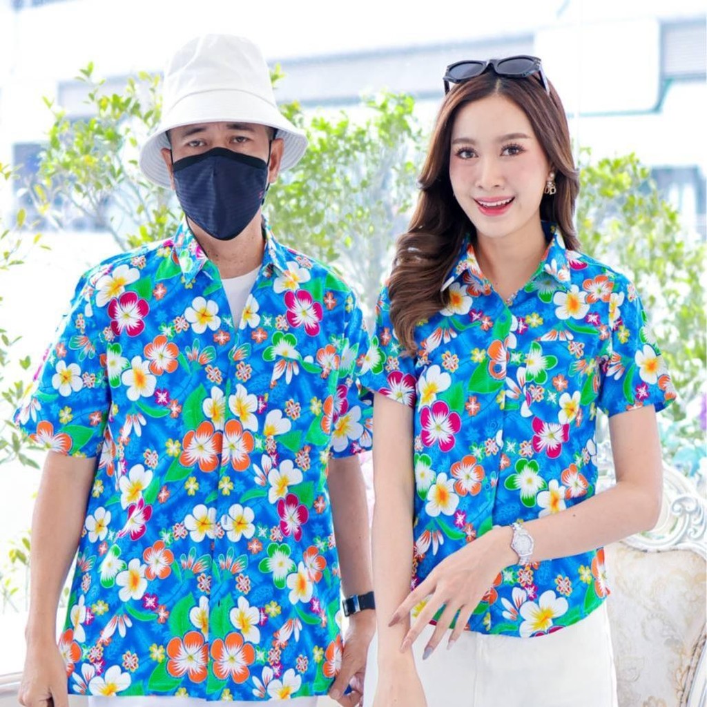PINK001 เสื้อเชิ้ตสงกรานต์ลายดอก ผ้าคอตตอน100% สีไม่ตก ผ้าไม่หด ลายคมชัด มีไซส์หญิงชาย 34-56นิ้ว งานป้ายKTIER*1ตัว*