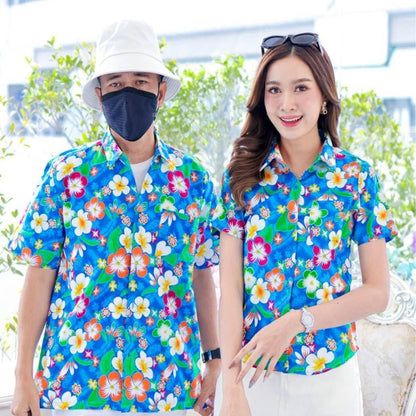 PINK001 เสื้อเชิ้ตสงกรานต์ลายดอก ผ้าคอตตอน100% สีไม่ตก ผ้าไม่หด ลายคมชัด มีไซส์หญิงชาย 34-56นิ้ว งานป้ายKTIER*1ตัว*
