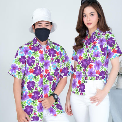 PINK023เสื้อเชิ้ตลายดอก ผ้าคอตตอน100% สีไม่ตก ผ้าไม่หดทลายคมชัด มีไซส์หญิงชาย34-56นิ้ว งานป้ายKTIER**1ตัว