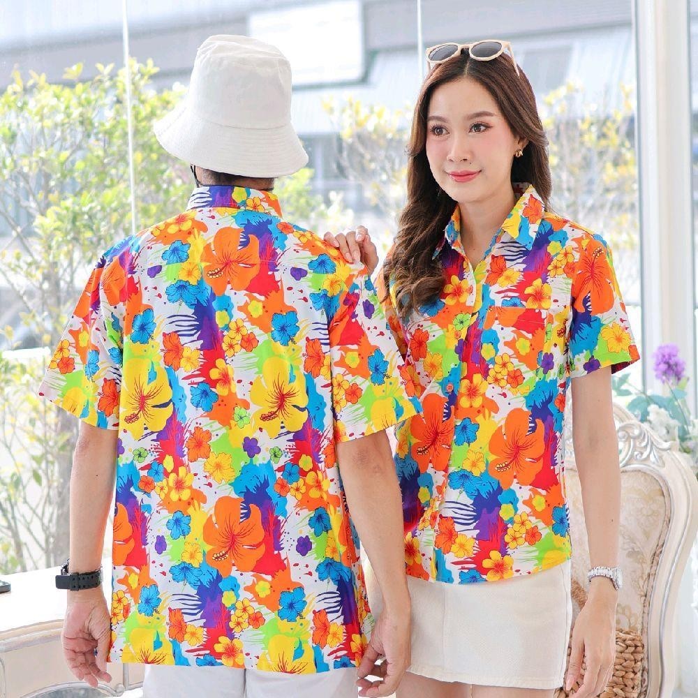 040เสื้อเชิ้ตลายดอก ผ้าคอตตอน100% สีไม่ตก ผ้าไม่หด ลายคมชัด มีไซส์หญิงชาย งานป้ายKTIERออกแบบเอง*1ตัว*