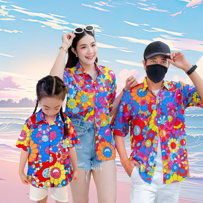 P3136 เสื้อฮาวายลายใหม่2025 ลายยิ้ม ทรงวัยรุ่น หญิงชายใส่ได้ ผ้าโพลีพรีเมี่ยม ไซส์เด็ก-ผู้ใหญ่ งานปัาย ลายคมชัด  1ตัว*