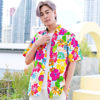 PINKเสื้อสงกรานต์ลายดอก ผ้าคอตตอน100% มีไซส์หญิง ชาย รุ่น0003