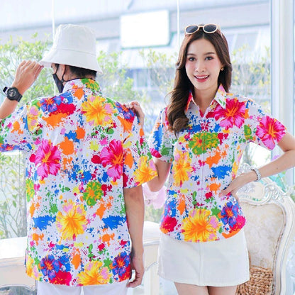 PINK038เสื้อเชิ้ตลายดอก ผ้าคอตตอน100% สีไม่ตก ผ้าไม่หด ลายคมชัด มีไซส์หญิงชาย งานป้ายKTIERออกแบบเอง*1ตัว*