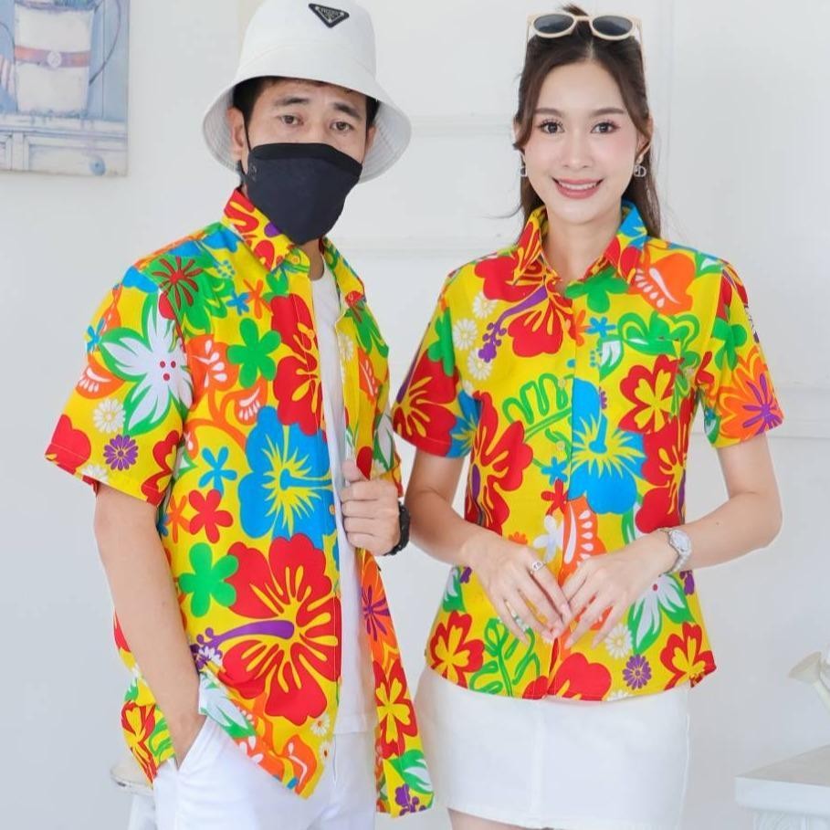 KING021เสื้อเชิ้ตลายยิ้ม  ผ้าคอตตอน100% สีไม่ตก ผ้าไม่หด ลายคมชัด มีไซส์หญิงชาย งานป้ายKTIERออกแบบเอง*1ตัว*
