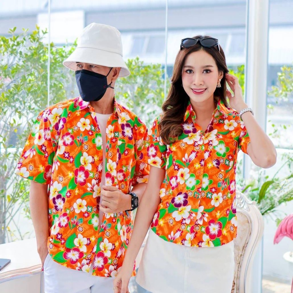 PINK001 เสื้อเชิ้ตสงกรานต์ลายดอก ผ้าคอตตอน100% สีไม่ตก ผ้าไม่หด ลายคมชัด มีไซส์หญิงชาย 34-56นิ้ว งานป้ายKTIER*1ตัว*
