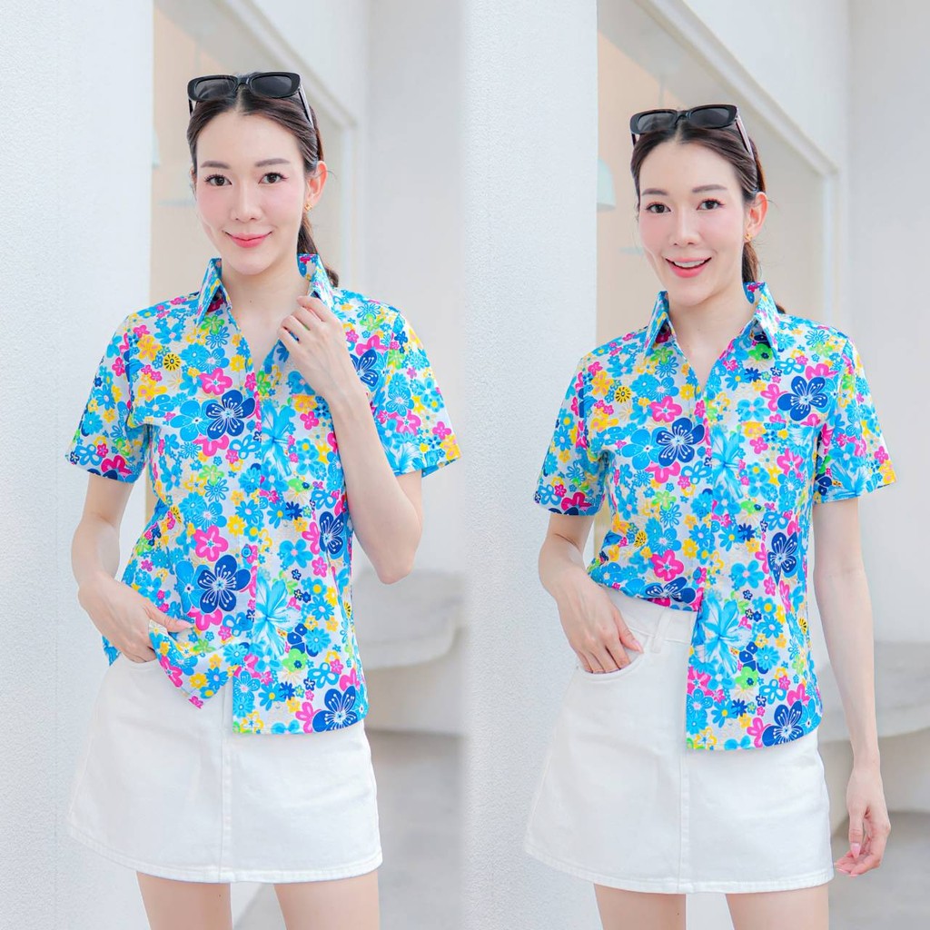 PINKรวมเสื้อเชิ้ตลายดอก2025 เสื้อสงกรานต์ลายดอก ผ้าคอตตอน100% สีไม่ตก ผ้าไม่หด