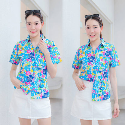 PINKรวมเสื้อเชิ้ตลายดอก2025 เสื้อสงกรานต์ลายดอก ผ้าคอตตอน100% สีไม่ตก ผ้าไม่หด