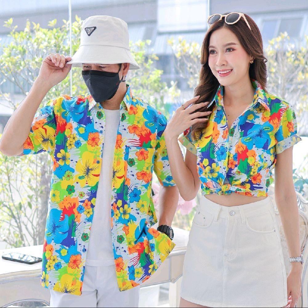 040เสื้อเชิ้ตลายดอก ผ้าคอตตอน100% สีไม่ตก ผ้าไม่หด ลายคมชัด มีไซส์หญิงชาย งานป้ายKTIERออกแบบเอง*1ตัว*