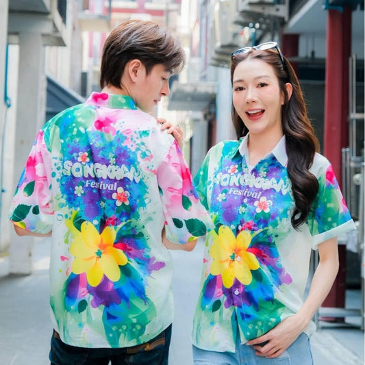 P017 เสื้อฮาวายลายใหม่2025 สาดสีSongkran ทรงวัยรุ่น หญิงชายใส่ได้ ผ้าโพลีพรีเมี่ยม ไซส์38-56นิ้ว งานปัาย ลายคมชัด  *1ตัว