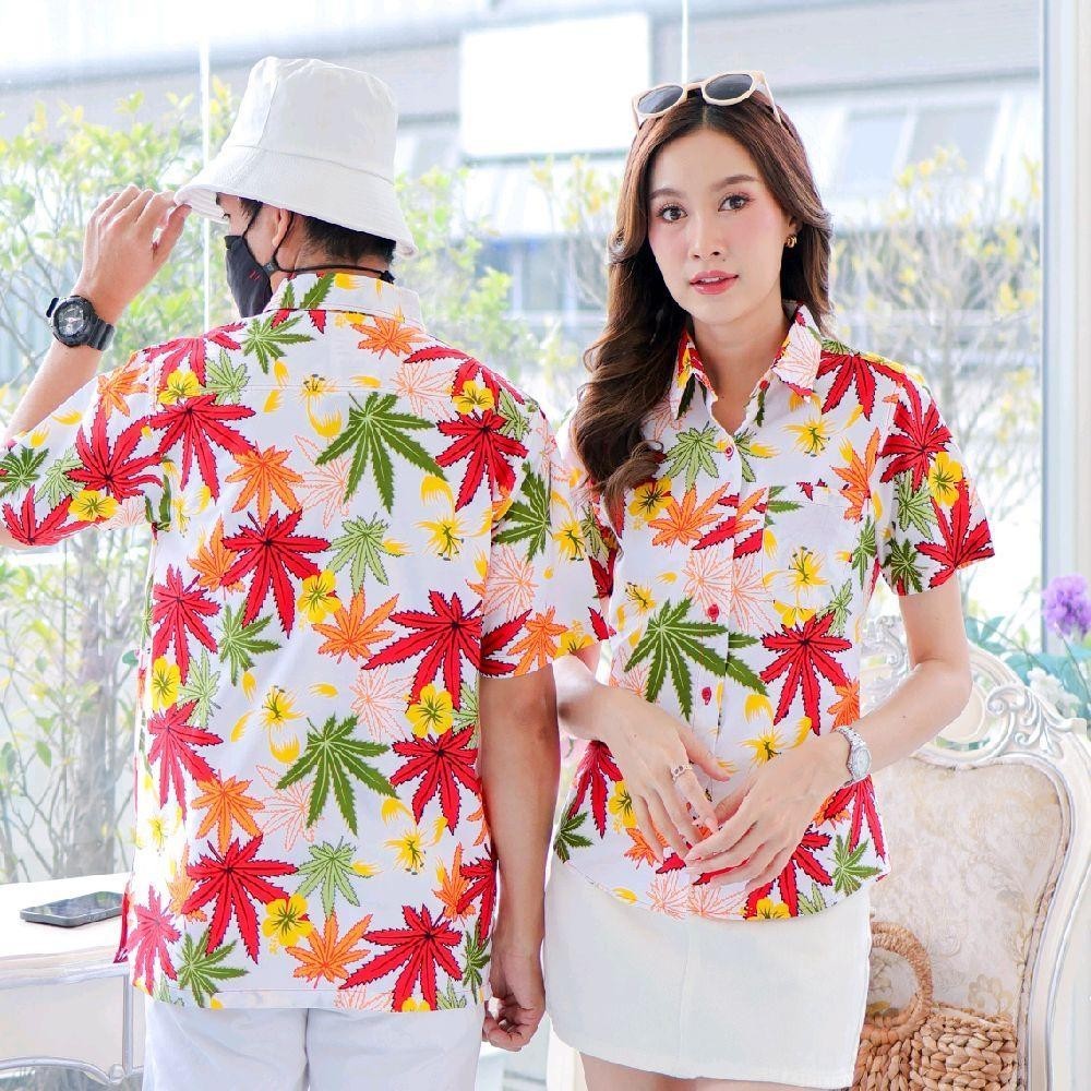037เสื้อเชิ้ตลายดอก ผ้าคอตตอน100% สีไม่ตก ผ้าไม่หด ลายคมชัด มีไซส์หญิงชาย งานป้ายKTIERออกแบบเอง*1ตัว*