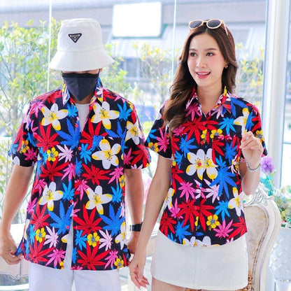 037เสื้อเชิ้ตลายดอก ผ้าคอตตอน100% สีไม่ตก ผ้าไม่หด ลายคมชัด มีไซส์หญิงชาย งานป้ายKTIERออกแบบเอง*1ตัว*