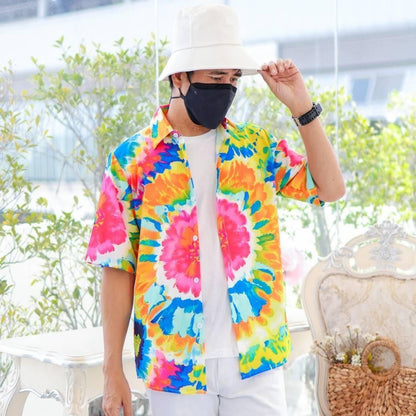 PINK3135 เสื้อฮาวายลายใหม่2025 มัดย้อม ทรงวัยรุ่น หญิงชายใส่ได้ ผ้าโพลีพรีเมี่ยม ไซส์เด็ก-ผู้ใหญ่ **1ตัว*