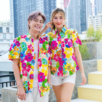 PINKเสื้อสงกรานต์ลายดอก ผ้าคอตตอน100% มีไซส์หญิง ชาย รุ่น0003