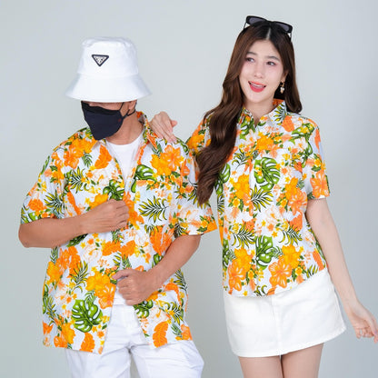 PINK028เสื้อเชิ้ตลายดอก ผ้าคอตตอน100% สีไม่ตก ผ้าไม่หดทลายคมชัด มีไซส์หญิงชาย34-56นิ้ว งานป้ายKTIER**1ตัว