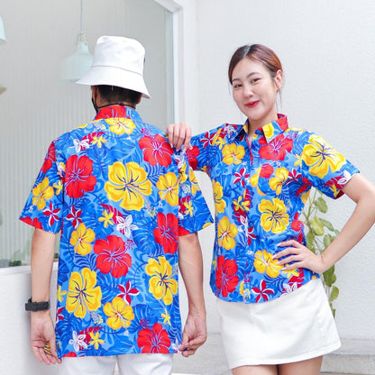 PINK029 เสื้อเชิ้ตลายดอก ผ้าคอตตอน100% สีไม่ตก ผ้าไม่หด ลายคมชัด มีไซส์หญิงชาย งานป้ายKTIERออกแบบเอง*1ตัว*