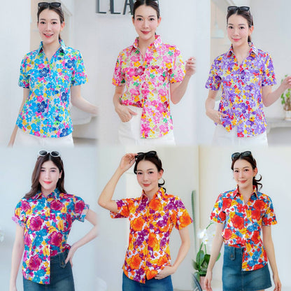 PINKรวมเสื้อเชิ้ตลายดอก2025 เสื้อสงกรานต์ลายดอก ผ้าคอตตอน100% สีไม่ตก ผ้าไม่หด