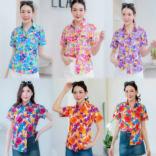 PINKรวมเสื้อเชิ้ตลายดอก2025 เสื้อสงกรานต์ลายดอก ผ้าคอตตอน100% สีไม่ตก ผ้าไม่หด