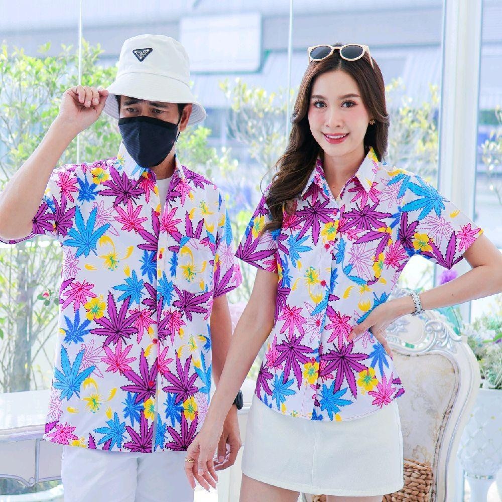037เสื้อเชิ้ตลายดอก ผ้าคอตตอน100% สีไม่ตก ผ้าไม่หด ลายคมชัด มีไซส์หญิงชาย งานป้ายKTIERออกแบบเอง*1ตัว*