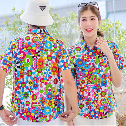 PINK034เสื้อเชิ้ตลายยิ้ม ผ้าคอตตอน100% สีไม่ตก ผ้าไม่หด ลายคมชัด มีไซส์หญิงชาย งานป้ายKTIERออกแบบเอง*1ตัว*