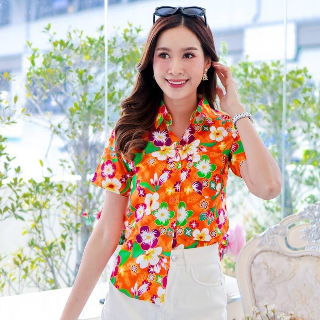 PINK001 เสื้อเชิ้ตสงกรานต์ลายดอก ผ้าคอตตอน100% สีไม่ตก ผ้าไม่หด ลายคมชัด มีไซส์หญิงชาย 34-56นิ้ว งานป้ายKTIER*1ตัว*