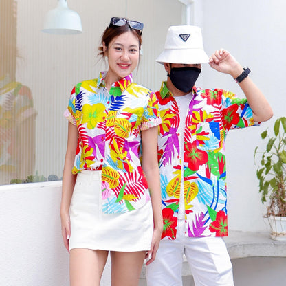 PINK033เสื้อเชิ้ตลายดอก ผ้าคอตตอน100% สีไม่ตก ผ้าไม่หด ลายคมชัด มีไซส์หญิงชาย งานป้ายKTIERออกแบบเอง*1ตัว*