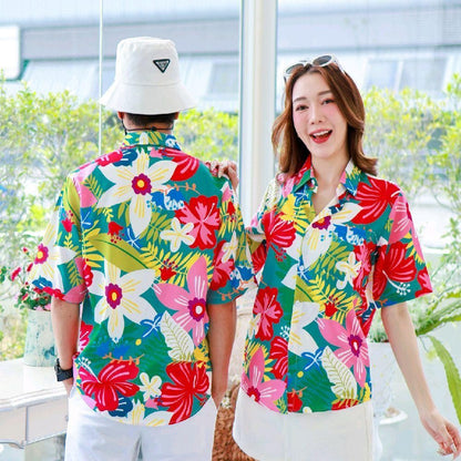 PINK03เสื้อฮาวายลายดอก ไซส์เด็ก-ผู้ใหญ่8XL ครบทีม ผ้าโพลีพลีเมี่ยม ทรงวัยรุ่น หญิงชายใส่ได้ ลายคมชัด **1ตัว**