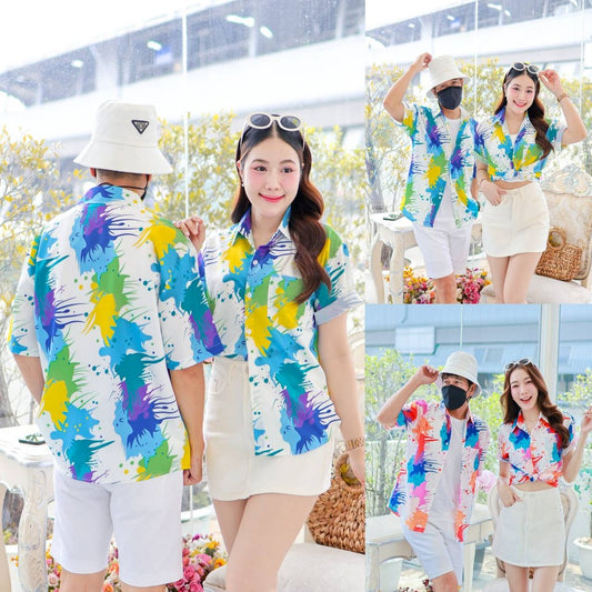 PINK3138 เสื้อฮาวายลายใหม่2025 สาดสี ทรงวัยรุ่น หญิงชายใส่ได้ ผ้าโพลีพรีเมี่ยม ไซส์38-56นิ้ว **1ตัว*