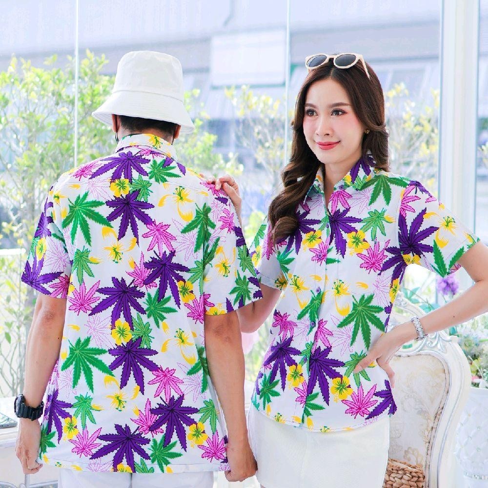 037เสื้อเชิ้ตลายดอก ผ้าคอตตอน100% สีไม่ตก ผ้าไม่หด ลายคมชัด มีไซส์หญิงชาย งานป้ายKTIERออกแบบเอง*1ตัว*