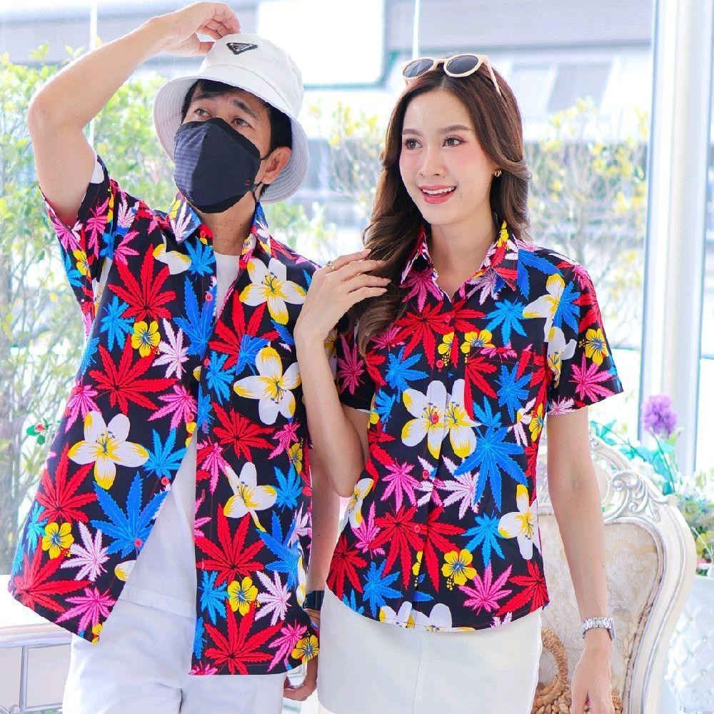 037เสื้อเชิ้ตลายดอก ผ้าคอตตอน100% สีไม่ตก ผ้าไม่หด ลายคมชัด มีไซส์หญิงชาย งานป้ายKTIERออกแบบเอง*1ตัว*