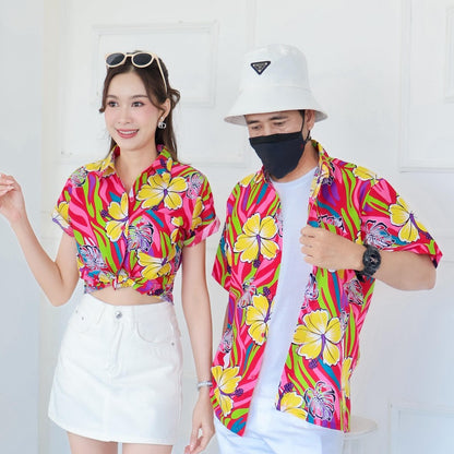 PINK031เสื้อเชิ้ตลายดอก ผ้าคอตตอน100% สีไม่ตก ผ้าไม่หดทลายคมชัด มีไซส์หญิงชาย34-56นิ้ว งานป้ายKTIER**1ตัว