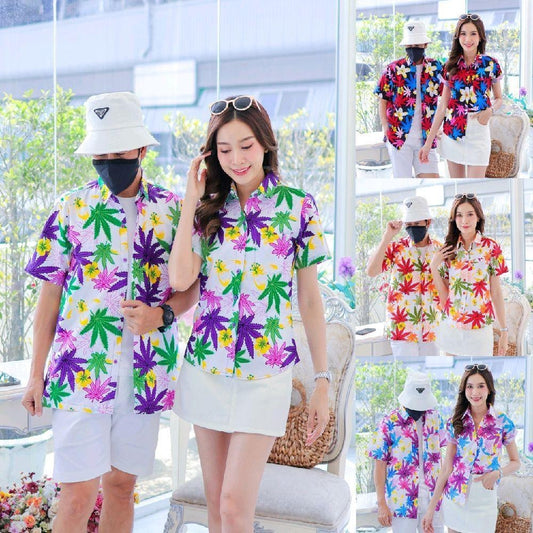 037เสื้อเชิ้ตลายดอก ผ้าคอตตอน100% สีไม่ตก ผ้าไม่หด ลายคมชัด มีไซส์หญิงชาย งานป้ายKTIERออกแบบเอง*1ตัว*