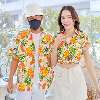PINK028เสื้อเชิ้ตลายดอก ผ้าคอตตอน100% สีไม่ตก ผ้าไม่หดทลายคมชัด มีไซส์หญิงชาย34-56นิ้ว งานป้ายKTIER**1ตัว