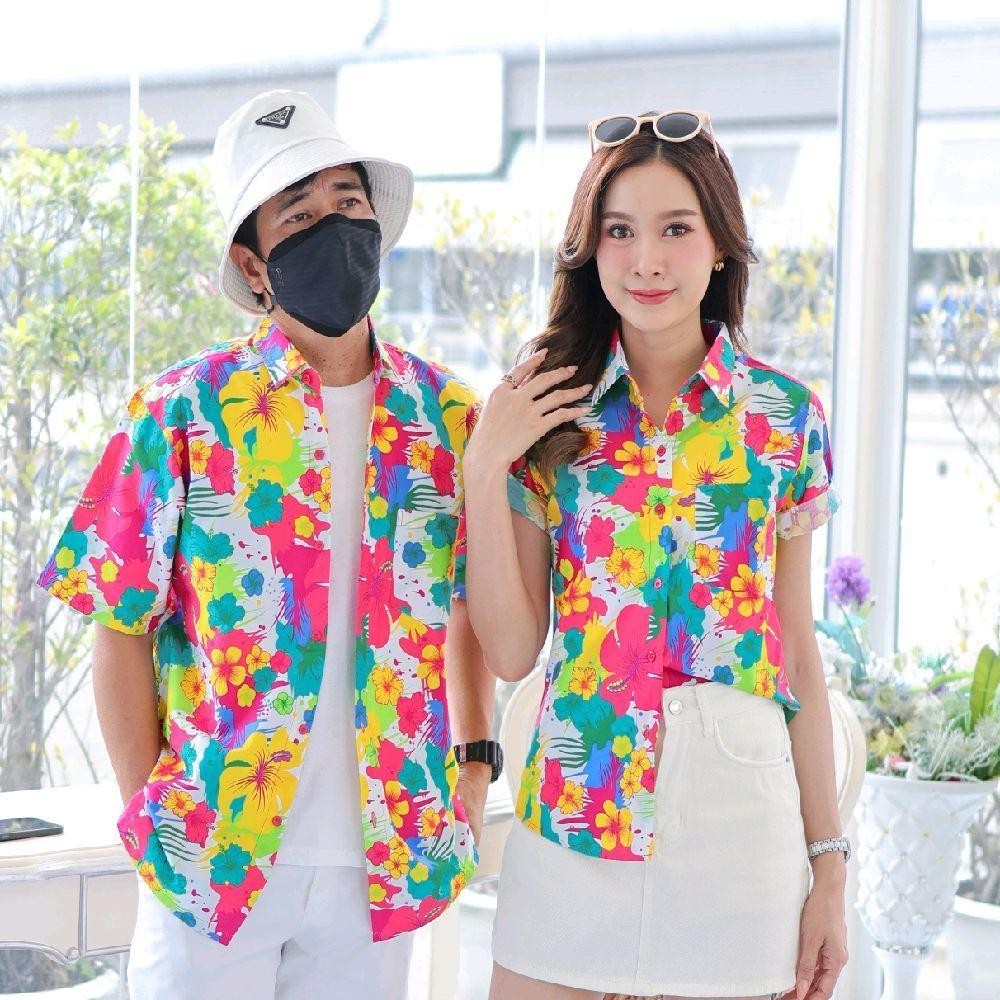040เสื้อเชิ้ตลายดอก ผ้าคอตตอน100% สีไม่ตก ผ้าไม่หด ลายคมชัด มีไซส์หญิงชาย งานป้ายKTIERออกแบบเอง*1ตัว*