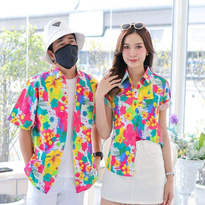 040เสื้อเชิ้ตลายดอก ผ้าคอตตอน100% สีไม่ตก ผ้าไม่หด ลายคมชัด มีไซส์หญิงชาย งานป้ายKTIERออกแบบเอง*1ตัว*