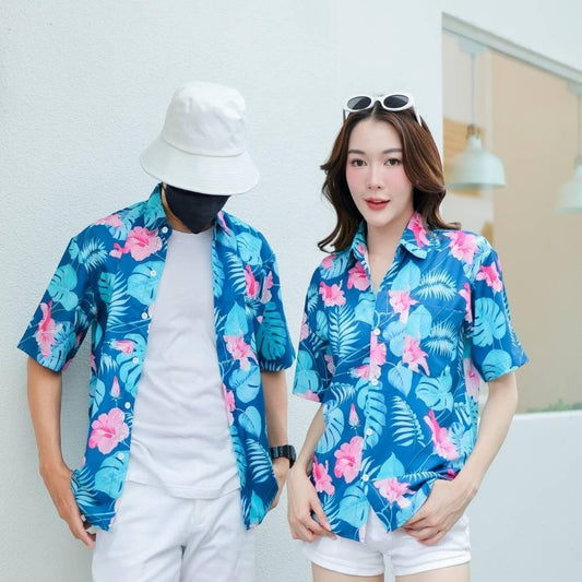 PINK3129 เสื้อฮาวายลายใหม่2025  ทรงวัยรุ่น หญิงชายใส่ได้ ผ้าโพลีพรีเมี่ยม ไซส์S-8XL งานปัาย ลายคมชัด  **1ตัว**