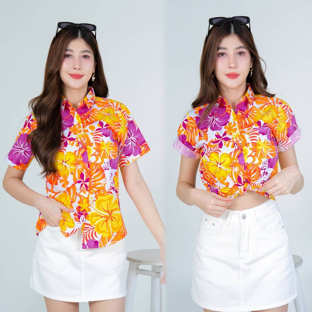 Pinkรวมเสื้อเชิ้ตลายดอก ผ้าคอตตอน100% สีไม่ตก ผ้าไม่หดทลายคมชัด ทรงเข้ารูป งานป้ายKTIER**1ตัว